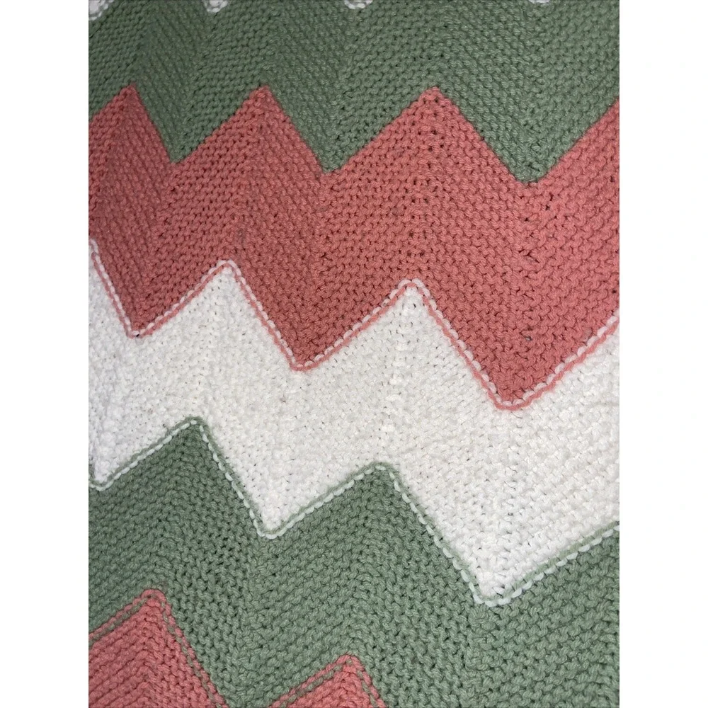 Vintage Crochet Afghan Blanket Zig Zag Chevron Pink Sage Green 61 x 57 In